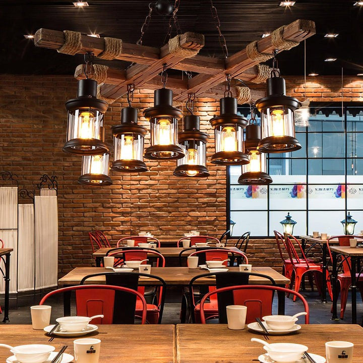 Artisanal 8-Light Wood & Glass Retro Chandelier