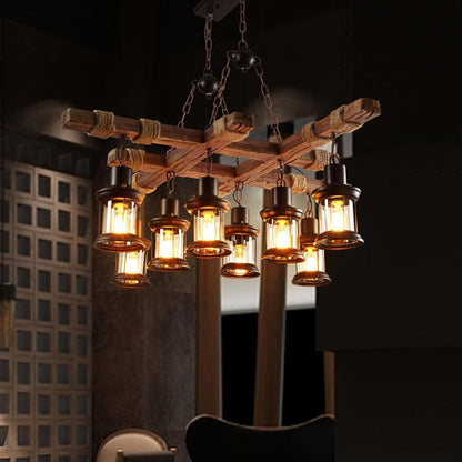 Artisanal 8-Light Wood & Glass Retro Chandelier