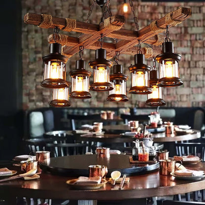 Artisanal 8-Light Wood & Glass Retro Chandelier