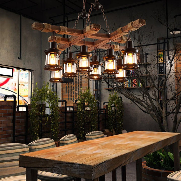 Artisanal 8-Light Wood & Glass Retro Chandelier