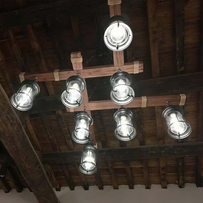 Artisanal 8-Light Wood & Glass Retro Chandelier