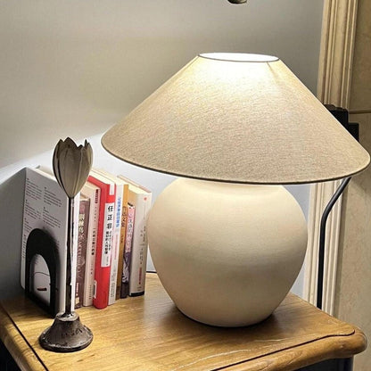 Beige Striated Ceramic Table Lamp with White Linen Shade