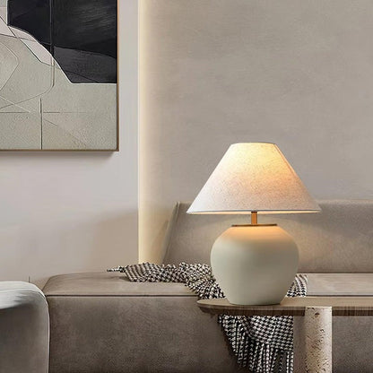 Beige Striated Ceramic Table Lamp with White Linen Shade