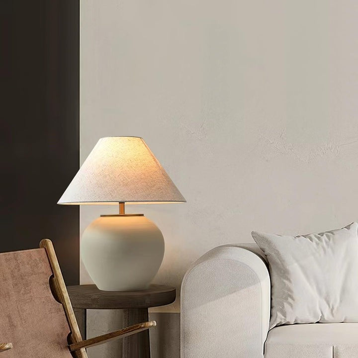 Beige Striated Ceramic Table Lamp with White Linen Shade