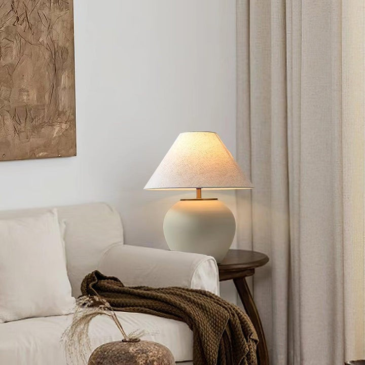Beige Striated Ceramic Table Lamp with White Linen Shade