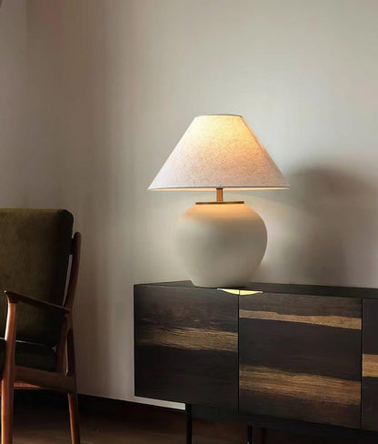 Beige Striated Ceramic Table Lamp with White Linen Shade