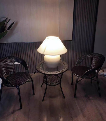 Beige Striated Ceramic Table Lamp with White Linen Shade