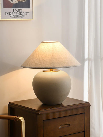 Beige Striated Ceramic Table Lamp with White Linen Shade