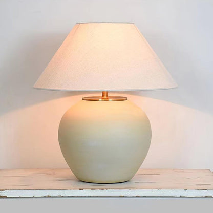 Beige Striated Ceramic Table Lamp with White Linen Shade