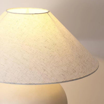 Beige Striated Ceramic Table Lamp with White Linen Shade