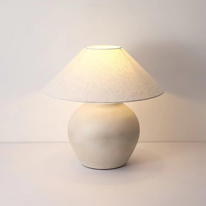 Beige Striated Ceramic Table Lamp with White Linen Shade