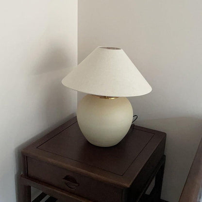 Beige Striated Ceramic Table Lamp with White Linen Shade