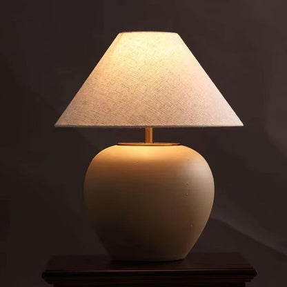 Beige Striated Ceramic Table Lamp with White Linen Shade
