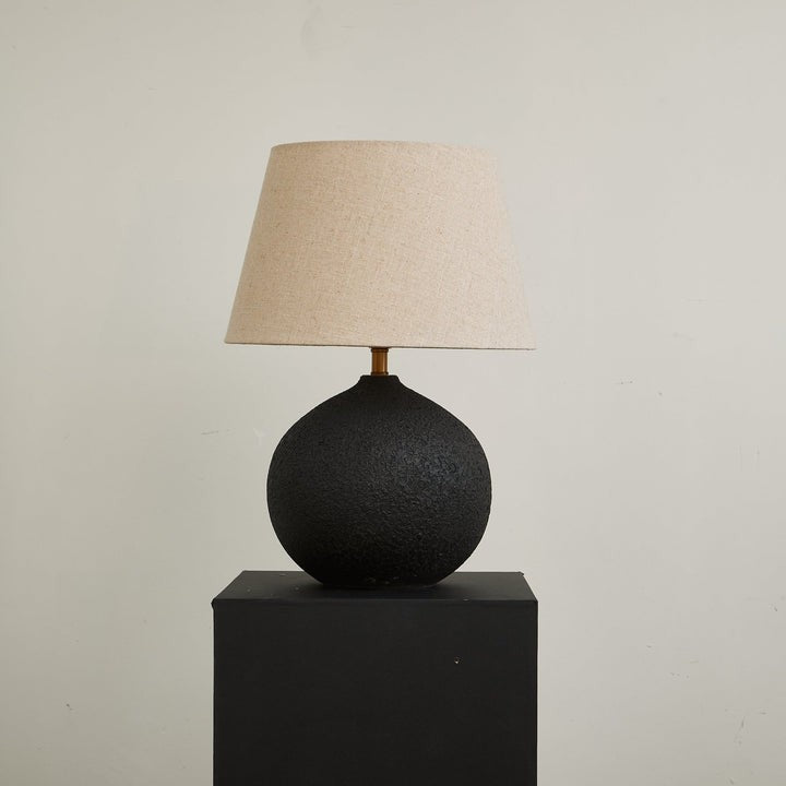 Black Textured Ceramic Table Lamp with Beige Linen Shade
