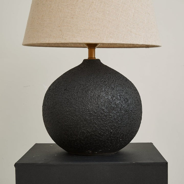 Black Textured Ceramic Table Lamp with Beige Linen Shade