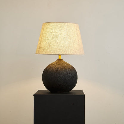 Black Textured Ceramic Table Lamp with Beige Linen Shade