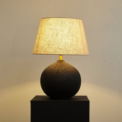 Black Textured Ceramic Table Lamp with Beige Linen Shade
