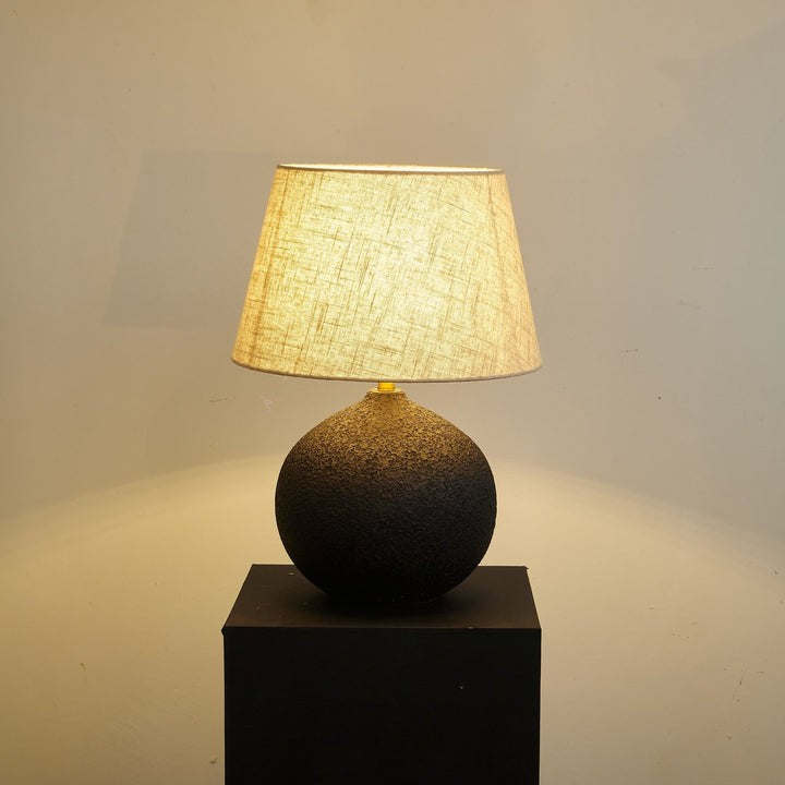 Black Textured Ceramic Table Lamp with Beige Linen Shade