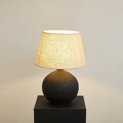 Black Textured Ceramic Table Lamp with Beige Linen Shade