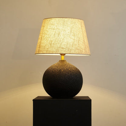 Black Textured Ceramic Table Lamp with Beige Linen Shade