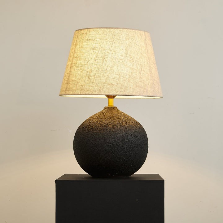 Black Textured Ceramic Table Lamp with Beige Linen Shade