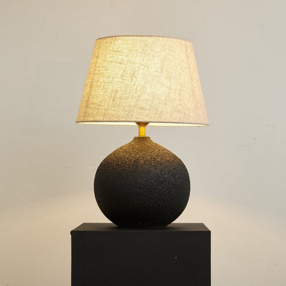 Black Textured Ceramic Table Lamp with Beige Linen Shade