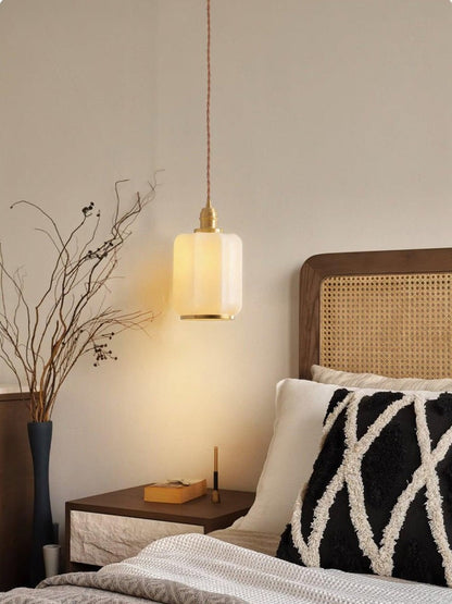 Brass Funnel Pendant Light with White Glass Shade