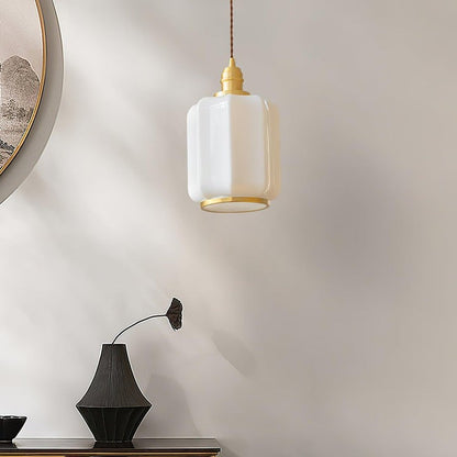 Brass Funnel Pendant Light with White Glass Shade