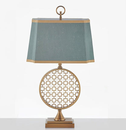 Brass Linen Table Lamp with Blue Fabric Shade