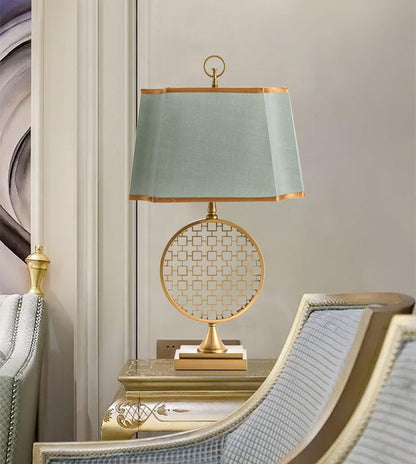 Brass Linen Table Lamp with Blue Fabric Shade