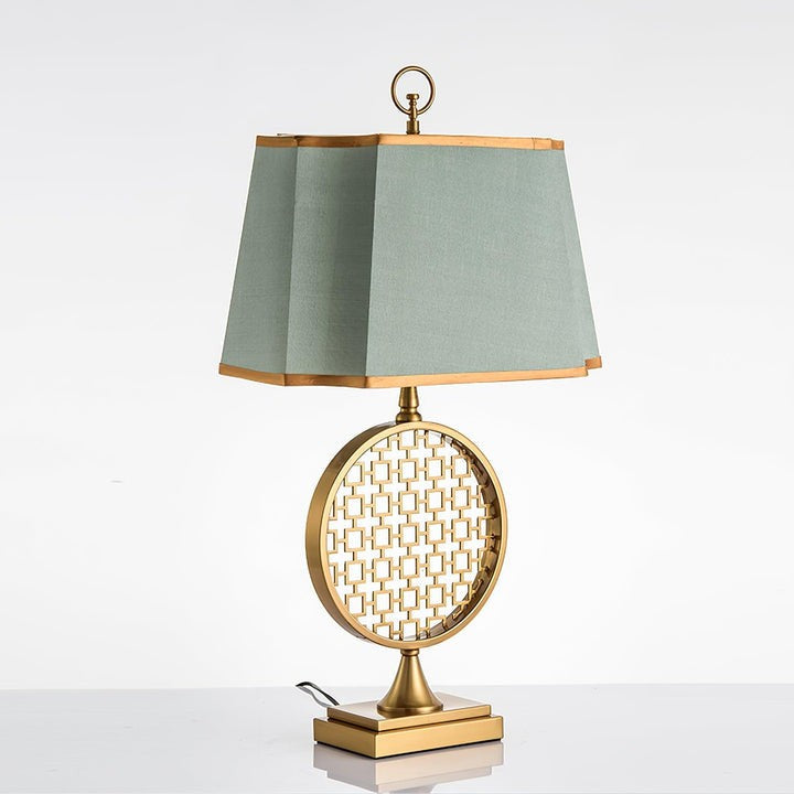 Brass Linen Table Lamp with Blue Fabric Shade
