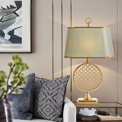 Brass Linen Table Lamp with Blue Fabric Shade