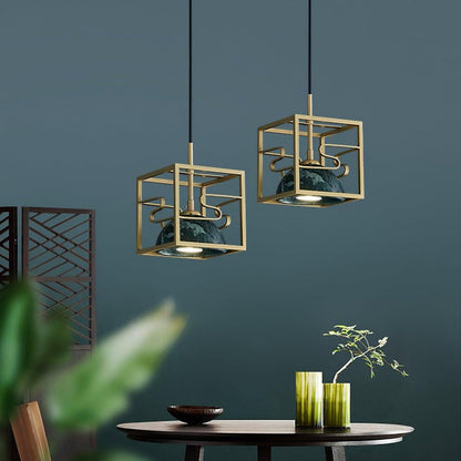 Brass & Marble Square Lantern Pendant Light