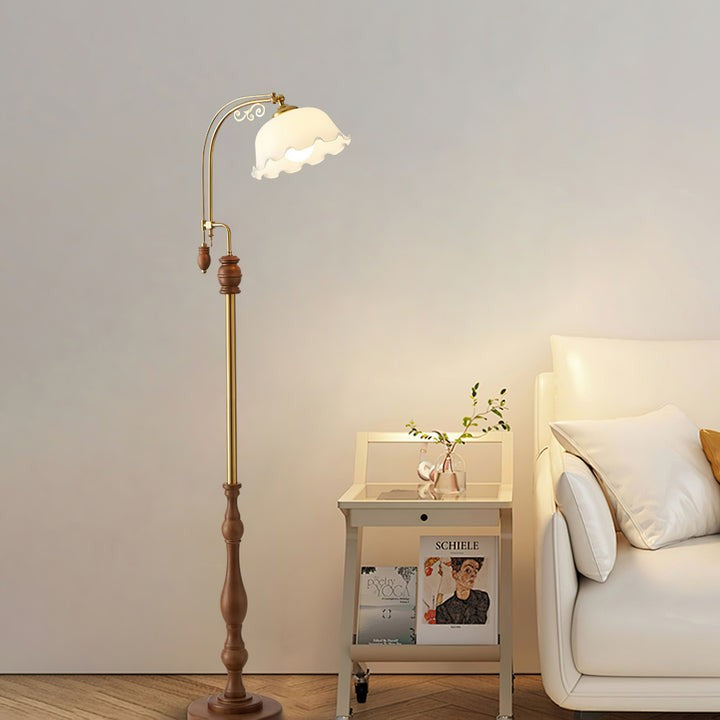 Brass & Wood Arched LED Floor Lamp – 66" Height