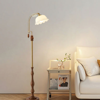 Brass & Wood Arched LED Floor Lamp – 66" Height