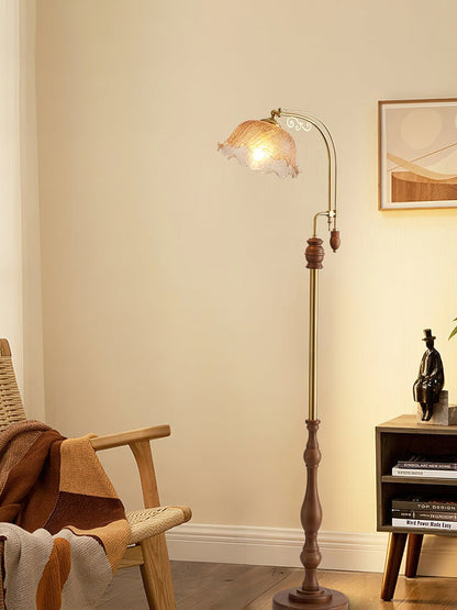 Brass & Wood Arched LED Floor Lamp – 66" Height