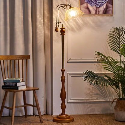 Brass & Wood Arched LED Floor Lamp – 66" Height