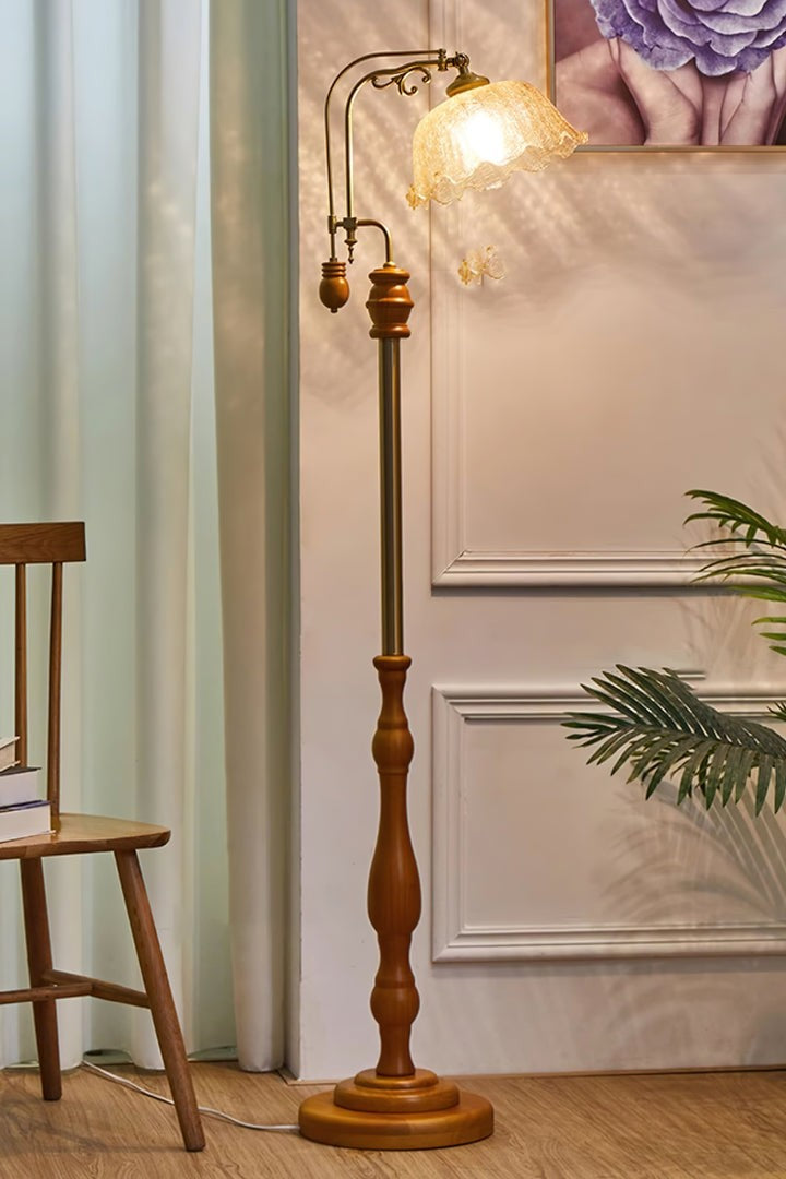 Brass & Wood Arched LED Floor Lamp – 66" Height