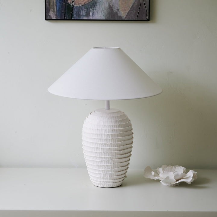 Ceramic Ripple Table Lamp with White Linen Shade
