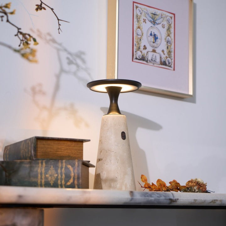 Cordless Travertine Table Lamp with Touch-Activated LED