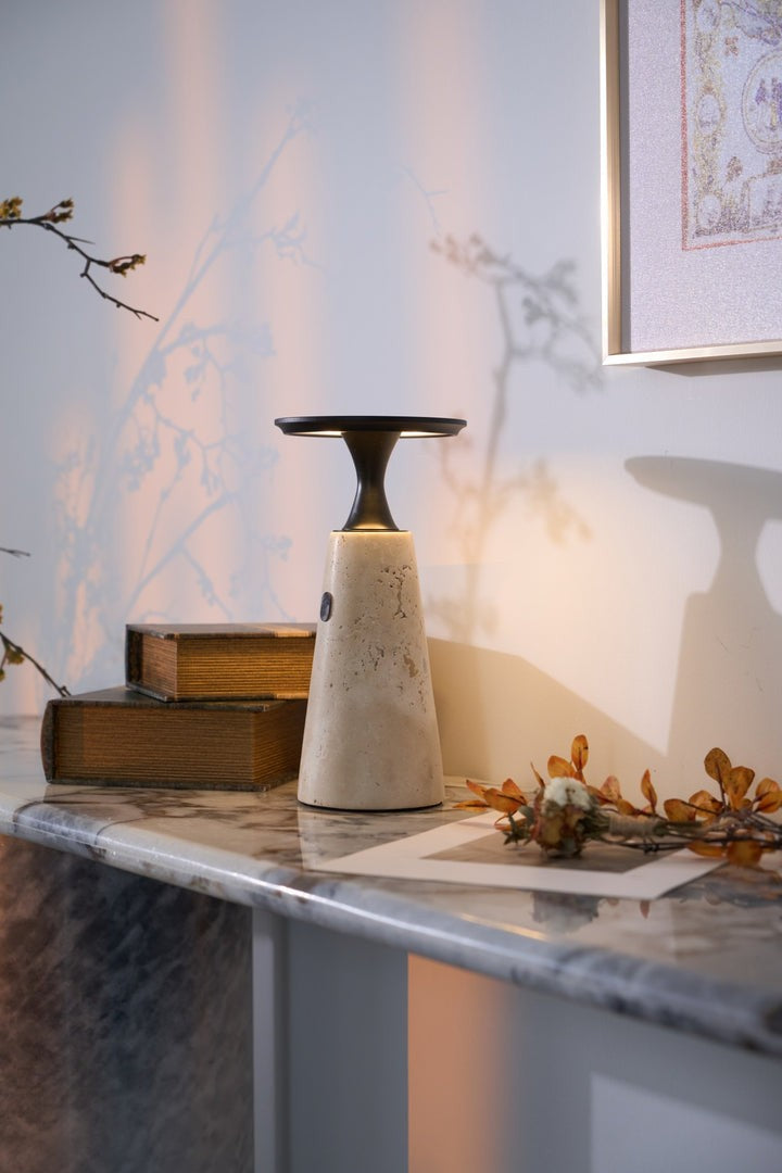 Cordless Travertine Table Lamp with Touch-Activated LED