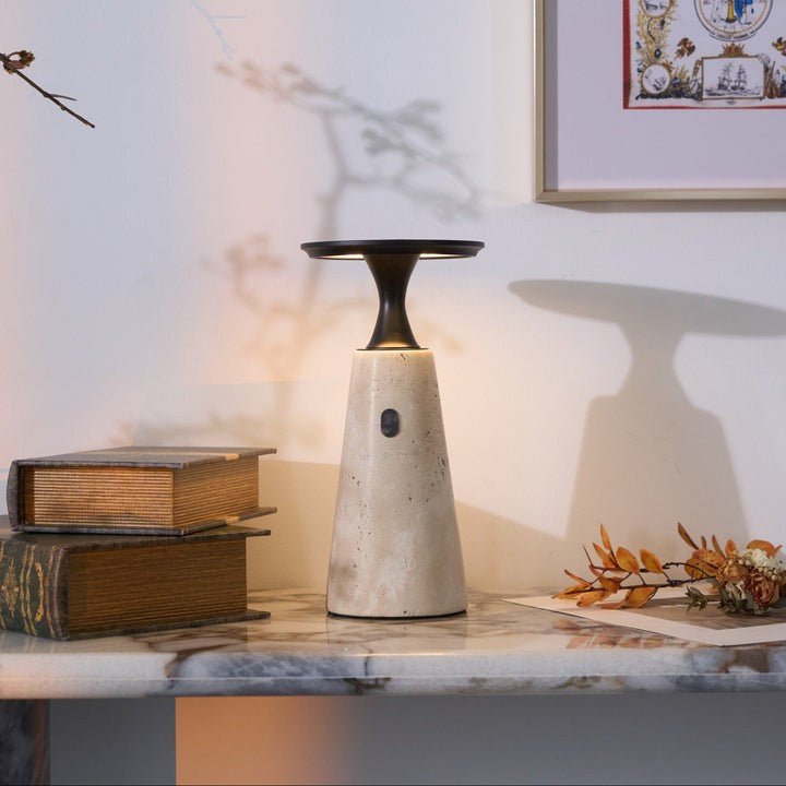 Cordless Travertine Table Lamp with Touch-Activated LED