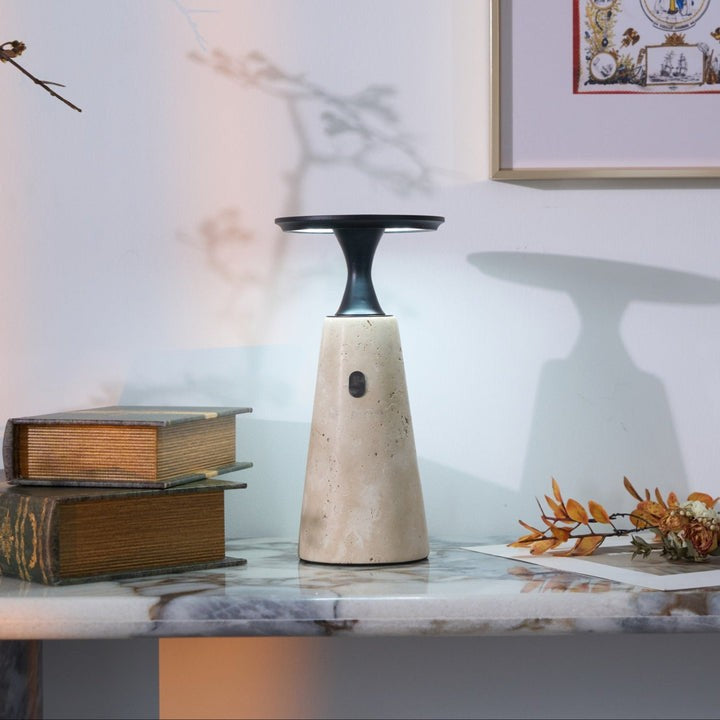 Cordless Travertine Table Lamp with Touch-Activated LED
