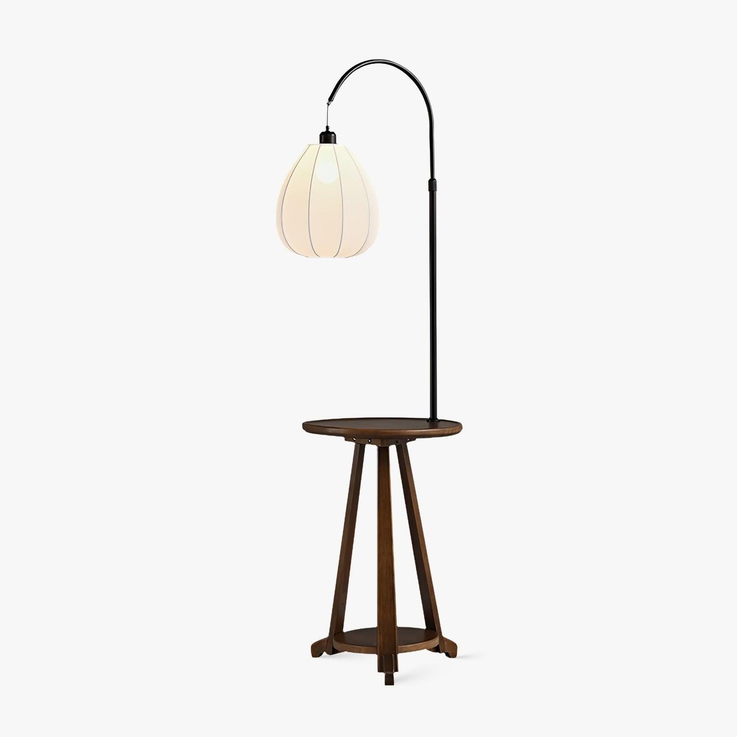 Curved Arc Side Table Floor Lamp with Walnut Wood Shelf