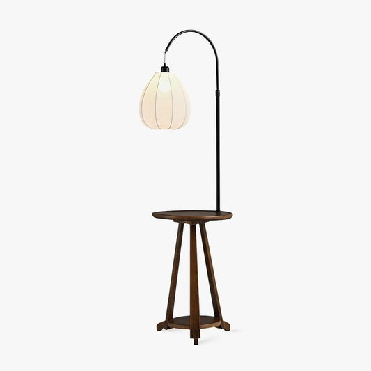 Curved Arc Side Table Floor Lamp with Walnut Wood Shelf