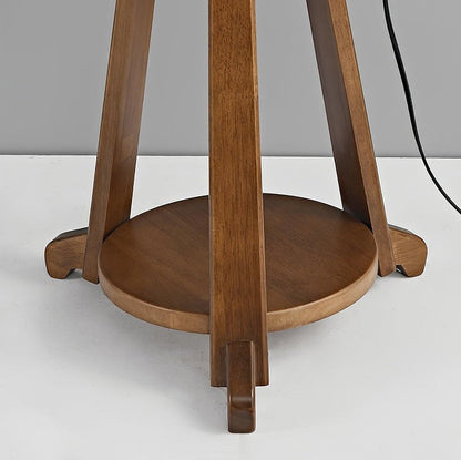 Curved Arc Side Table Floor Lamp with Walnut Wood Shelf