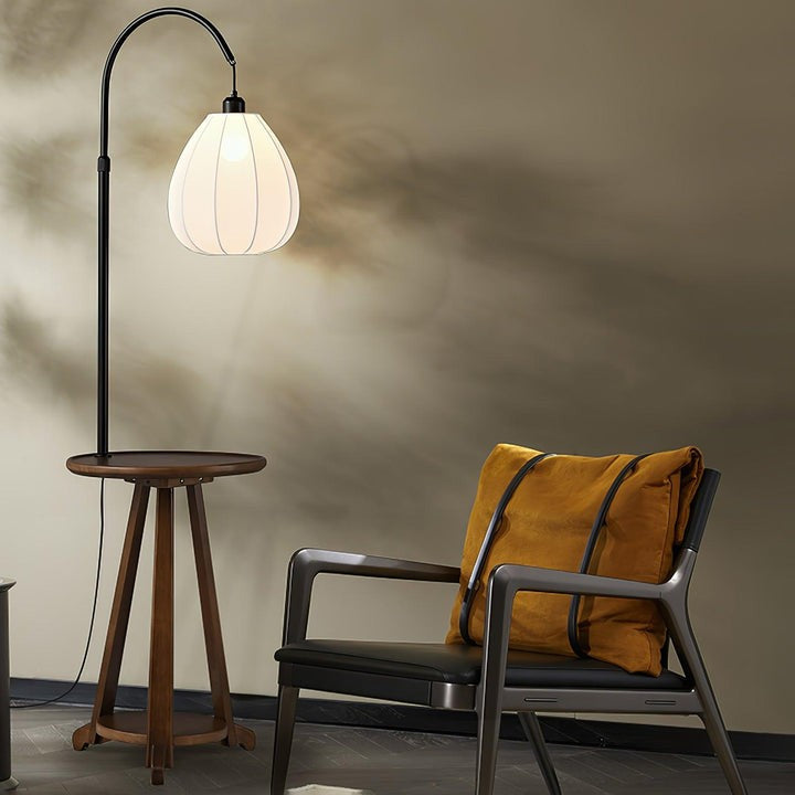 Curved Arc Side Table Floor Lamp with Walnut Wood Shelf