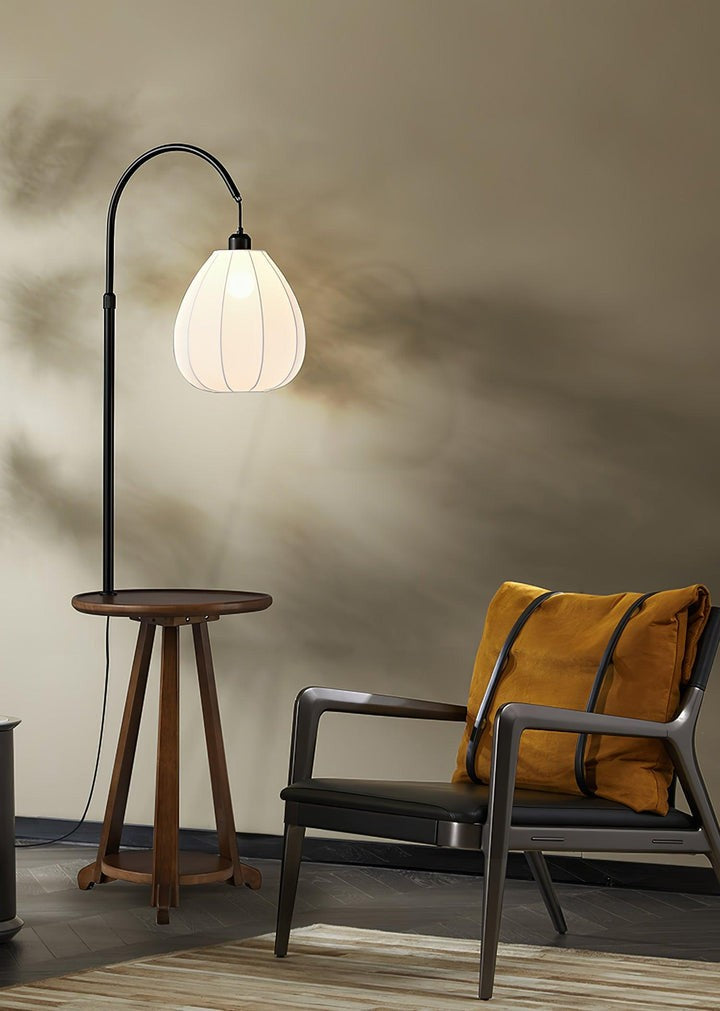 Curved Arc Side Table Floor Lamp with Walnut Wood Shelf