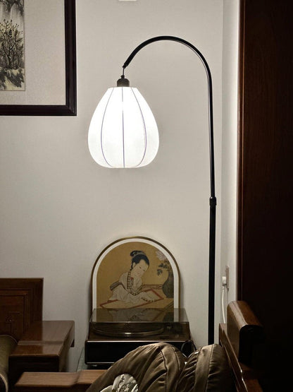 Curved Arc Side Table Floor Lamp with Walnut Wood Shelf