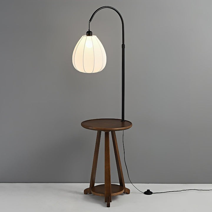 Curved Arc Side Table Floor Lamp with Walnut Wood Shelf